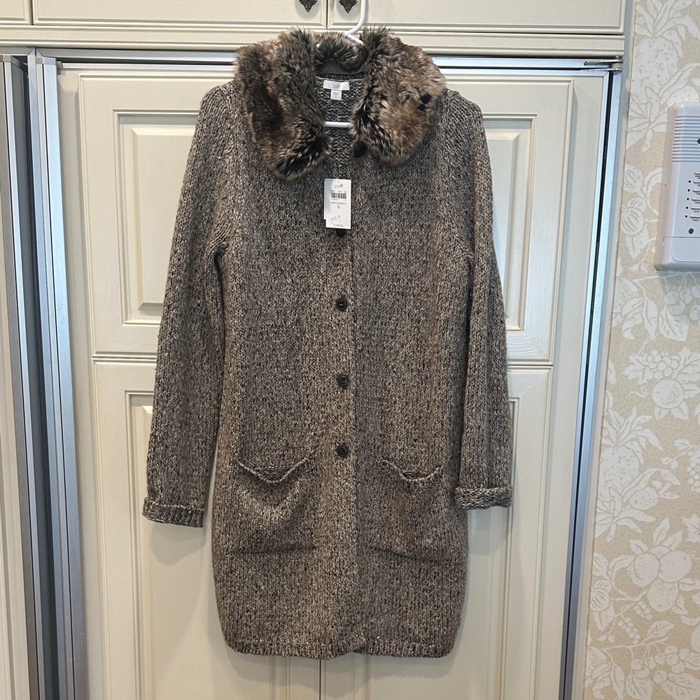 J. Jill Brown Knit Cardigan with Faux Fur Collar